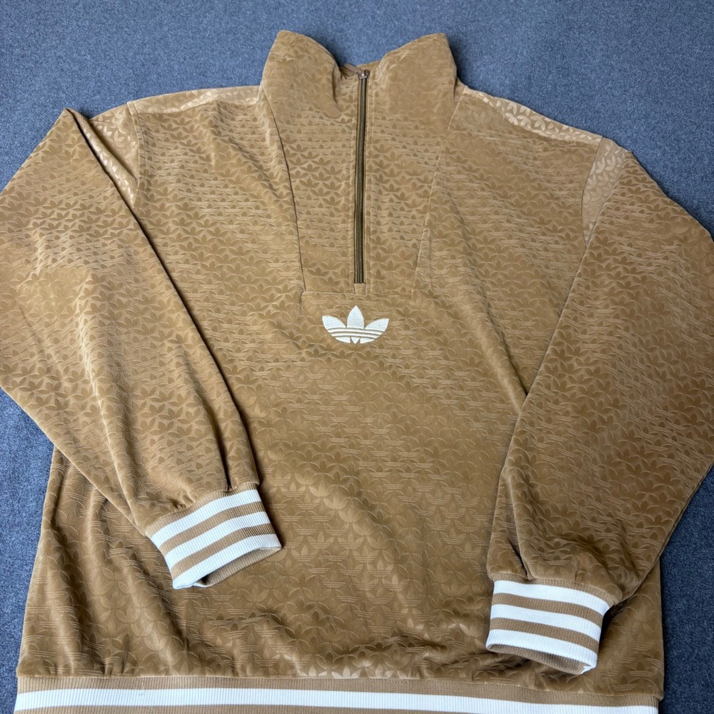 Adidas Originals Velour Quarter Zip Pullover Tan Trefoil Monogram Mens Small